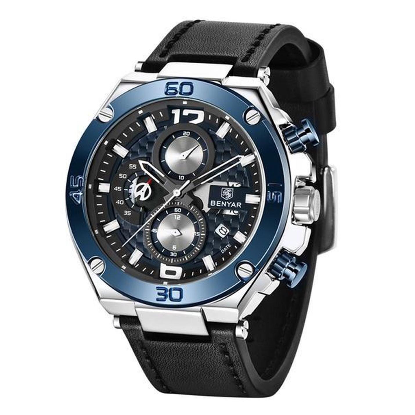 Herenhorloge Chronograaf Leren Band Silverblue Webshoplocatie